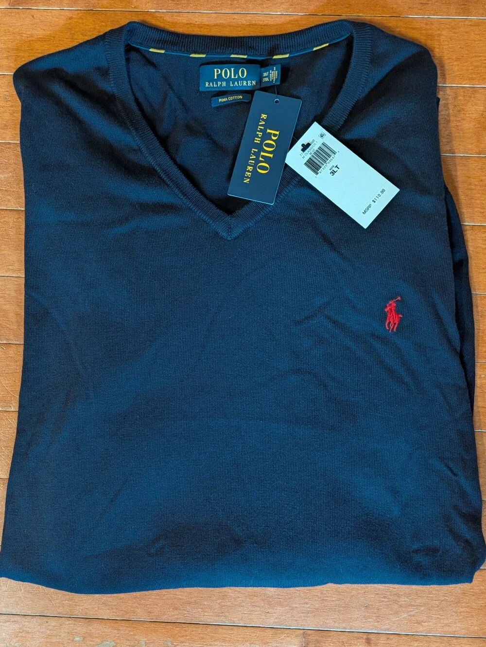 NWT Men's Polo by Ralph Lauren Navy Pima Cotton V-Neck Sweater Red Pony Sz 3LT